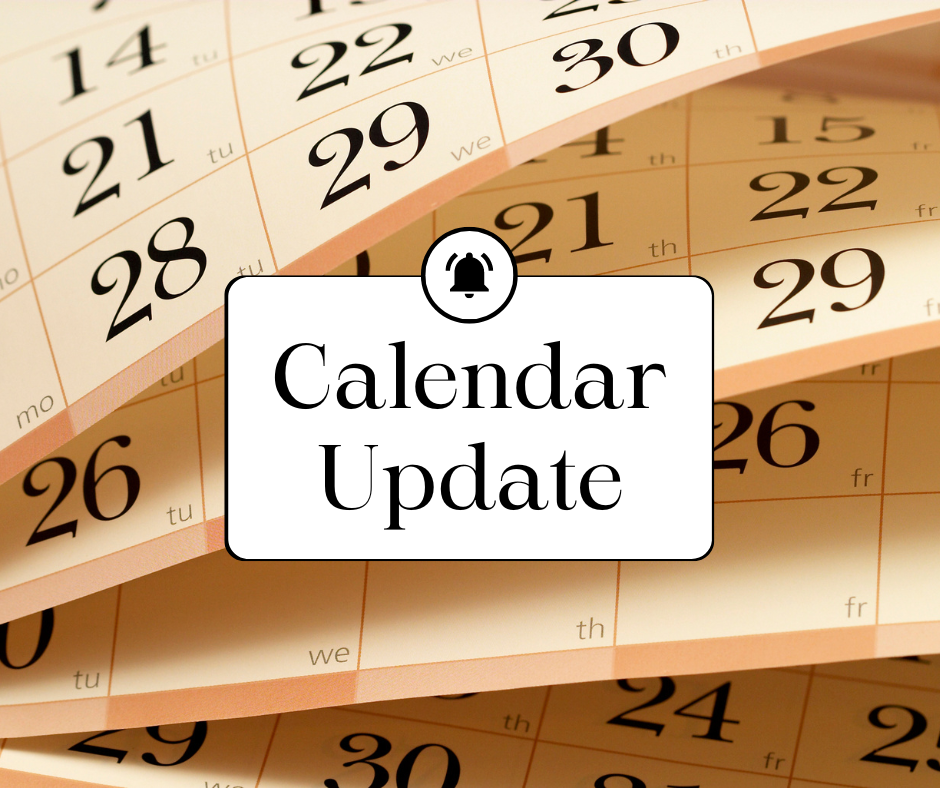 Several calendar pages with dates are flipping through the air. In a white box that mimics a phone notification with a bell icon, black words read "Calendar Update"