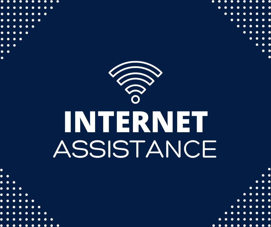A dark blue graphic with white dots, the wifi symbol and the words "Internet Assistance"