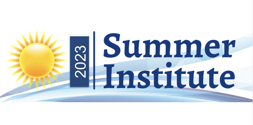 sun with blue waves and text reading "2023 summer institute"