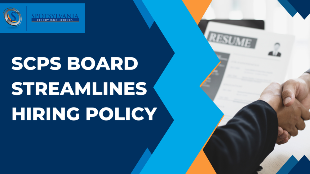 Blue and orange graphic that reads "SCPS Board Streamlines Hiring Policy" in bold white text. There's an image of two people shaking hands with a blurred resume in the background to the right of the words.
