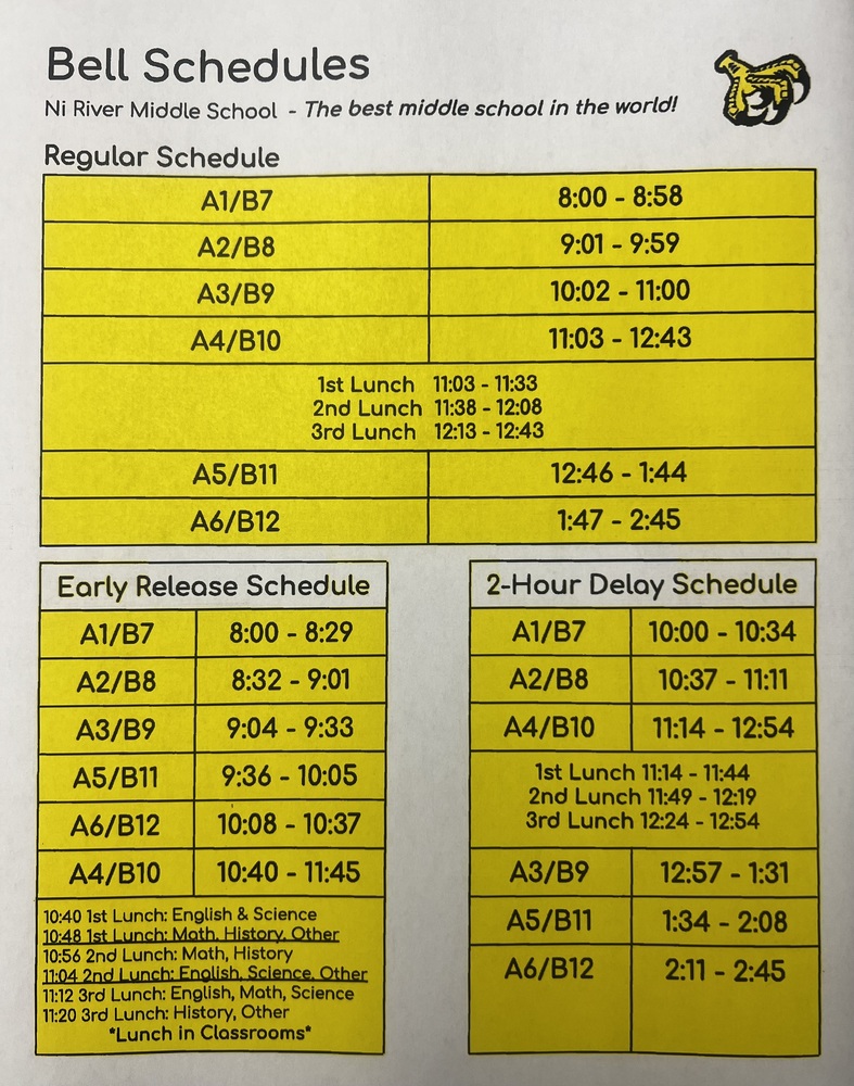 Ni River MS Bell Schedules Ni River Middle