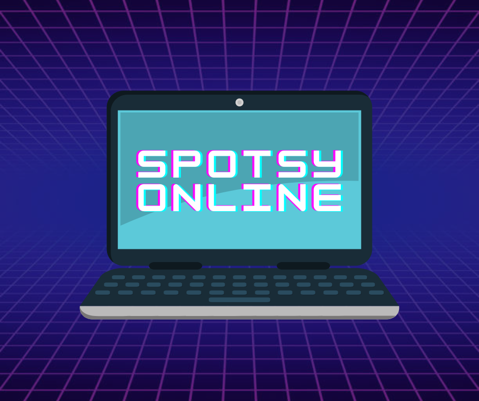 A laptop on a vaporwave background. The screen reads "Spotsy Online."