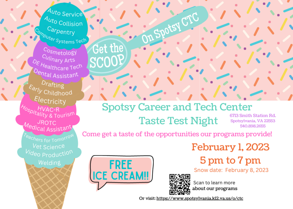 Ice cream themed flyer for SCTC listing the programs on scoops of ice cream. the flyer reads "get the scoop on spotsy ctc."