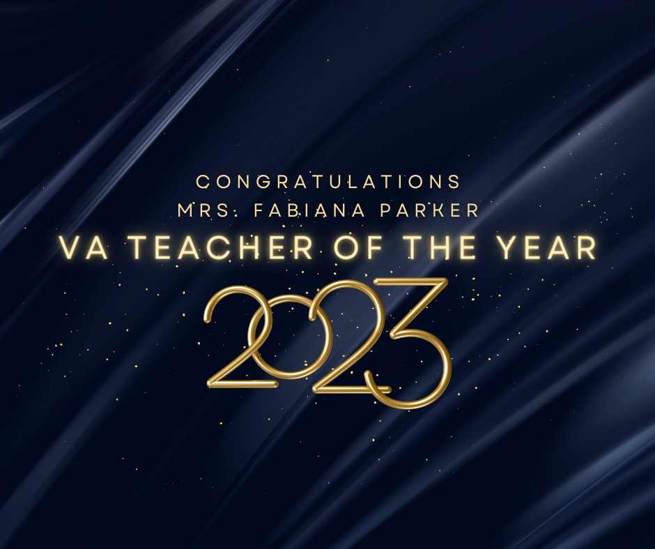 Black and gold graphic reading "congratulations mrs. fabiana parker, va teacher of the year 2023" with gold glitter