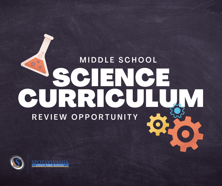 chalkboard background with a beaker and gears that reads "middle school science curriculum review opportunity" in bold white font.
