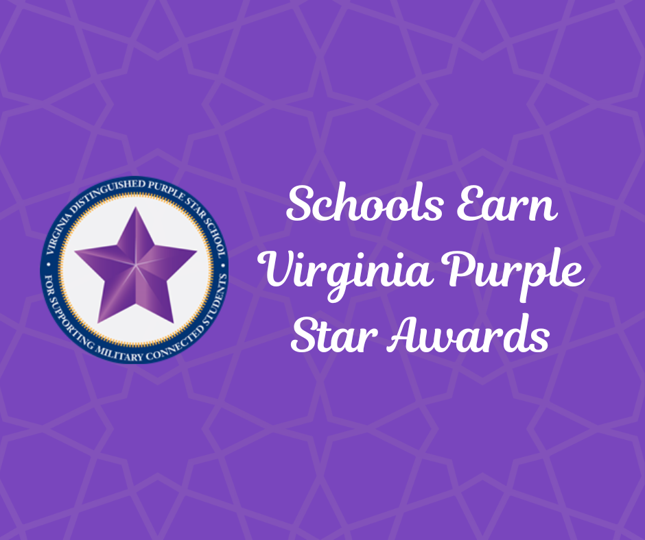 purple geometric background with white text reading "Schools Earn Virginia Purple Star Awards." The purple star logo is to the left of the text.