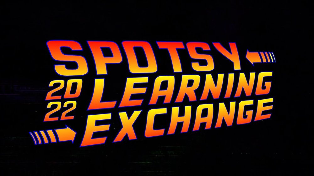 back to the future themed title card reading "2022 spotsy learning exchange"