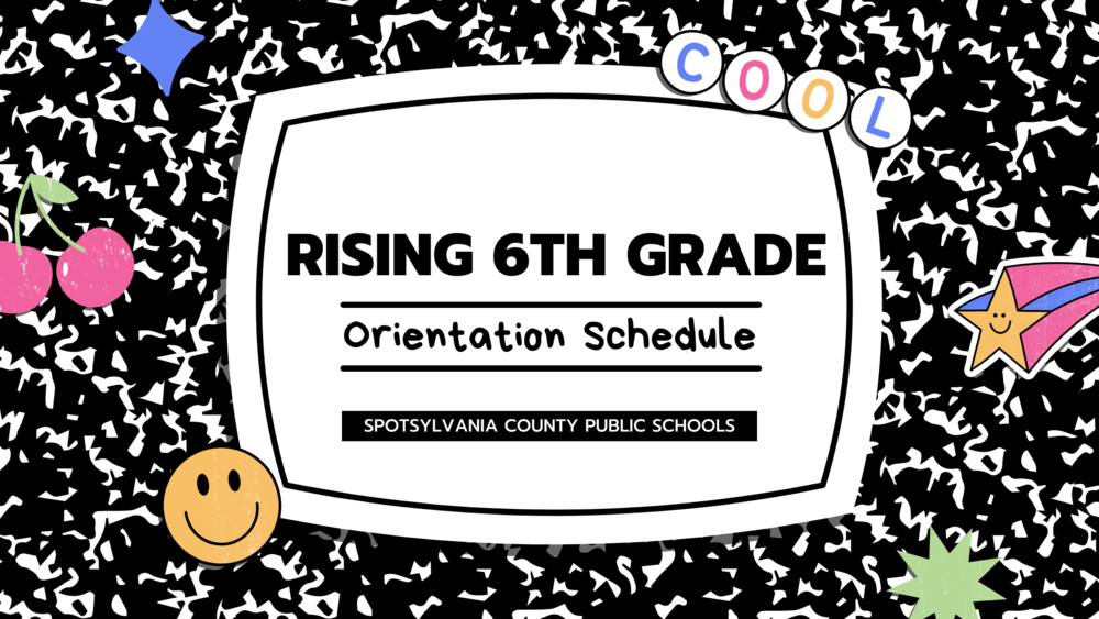 A composition notebook that reads "rising 6th grade orientation schedule" with colorful stickers