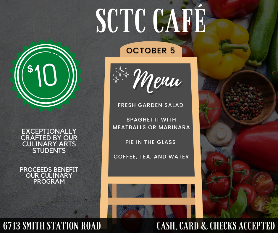 A flyer with the menu for October 5. It reads "fresh garden salad, spaghetti with meatballs or marinara, pie in the glass, coffee, tea, and water." Meals are $10.